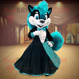 Teal Skunk mascot costume character dressed with a Ball Gown and Bow ties