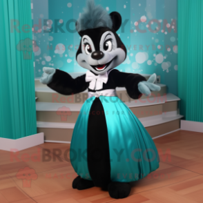 Teal Skunk mascot costume character dressed with a Ball Gown and Bow ties