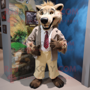Tan Hyena mascot costume character dressed with a Jacket and Ties