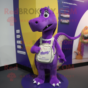 Purple Diplodocus mascot costume character dressed with a Pencil Skirt and Backpacks