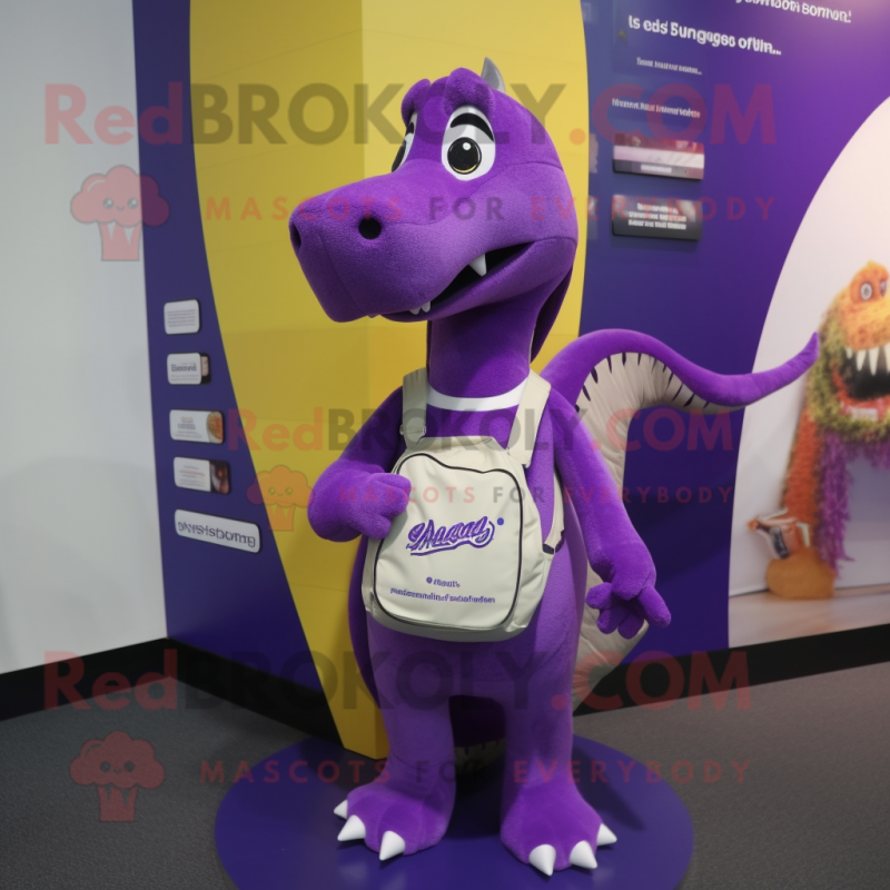 Purple Diplodocus mascot costume character dressed with a Pencil Skirt and Backpacks Purple Diplodocus mascot costume character dressed with a Pencil Skirt and Backpacks