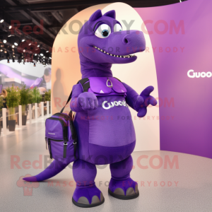 Purple Diplodocus mascot costume character dressed with a Pencil Skirt and Backpacks