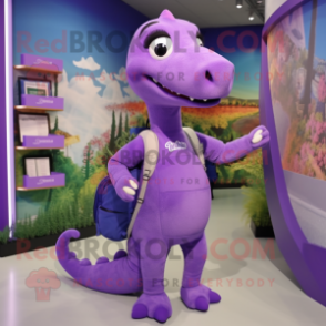 Purple Diplodocus mascot costume character dressed with a Pencil Skirt and Backpacks