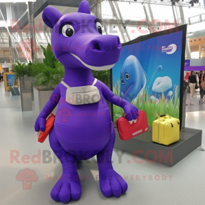 Purple Diplodocus mascot costume character dressed with a Pencil Skirt and Backpacks