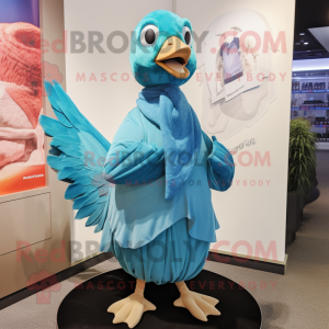 Cyan Pheasant mascot costume character dressed with a Pleated Skirt and Scarves