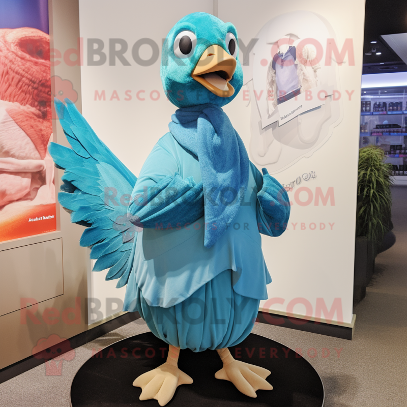 Cyan Pheasant mascot costume character dressed with a Pleated Skirt and Scarves Cyan Pheasant mascot costume character dressed with a Pleated Skirt and Scarves