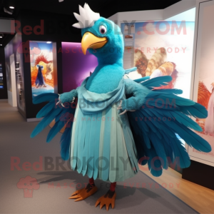 Cyan Pheasant mascot costume character dressed with a Pleated Skirt and Scarves