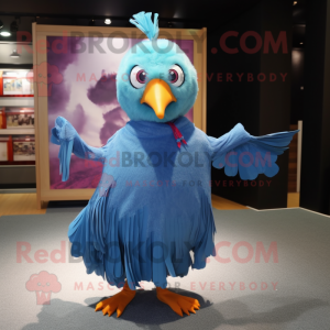 Cyan Pheasant mascot costume character dressed with a Pleated Skirt and Scarves