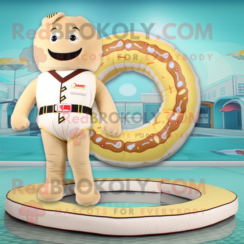 Beige Donut mascot costume character dressed with a Swimwear and Belts Beige Donut mascot costume character dressed with a Swimwear and Belts
