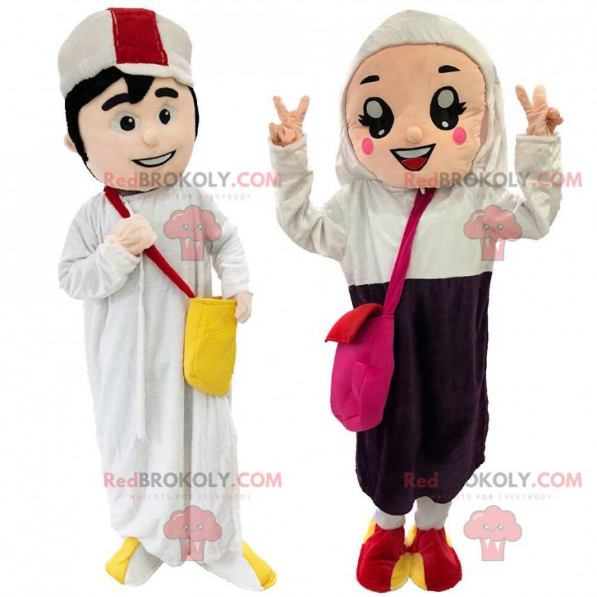 2 mascots, an oriental man and woman, Arab couple -