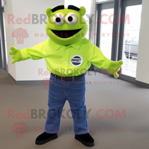 Lime Green Momentum mascot costume character dressed with a Denim Shirt and Bow ties