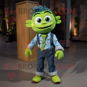 Lime Green Momentum mascot costume character dressed with a Denim Shirt and Bow ties