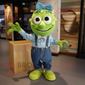 Lime Green Momentum mascot costume character dressed with a Denim Shirt and Bow ties
