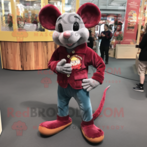Maroon Mouse mascot costume character dressed with a Jeans and Necklaces
