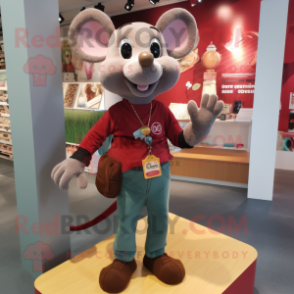 Maroon Mouse mascot costume character dressed with a Jeans and Necklaces