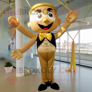 Gold Trapeze Artist mascot costume character dressed with a One-Piece Swimsuit and Bow ties