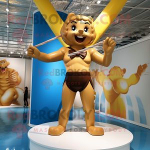 Gold Trapeze Artist mascot costume character dressed with a One-Piece Swimsuit and Bow ties