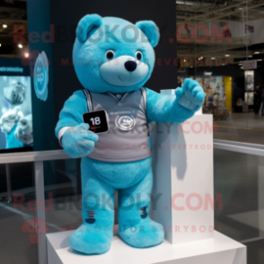 Cyan Teddy Bear mascot costume character dressed with a T-Shirt and Smartwatches
