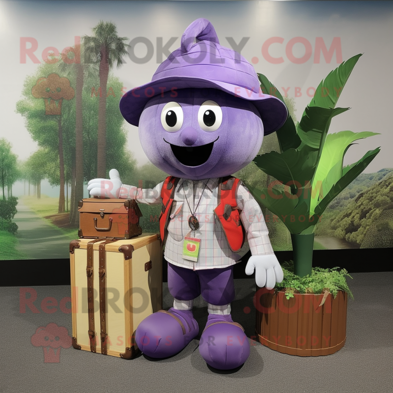 Lavender Cherry mascot costume character dressed with a Cargo Pants and Coin purses Lavender Cherry mascot costume character dressed with a Cargo Pants and Coin purses