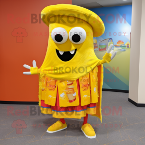 Yellow Enchiladas mascot costume character dressed with a Capri Pants and Scarf clips