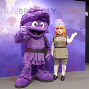 Purple Commando mascot costume character dressed with a Pleated Skirt and Watches