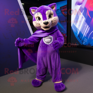 Purple Puma mascot costume character dressed with a Trousers and Shawl pins