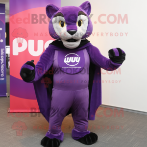 Purple Puma mascot costume character dressed with a Trousers and Shawl pins