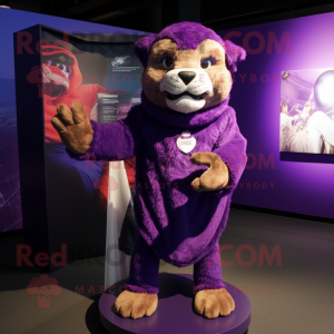 Purple Puma mascot costume character dressed with a Trousers and Shawl pins