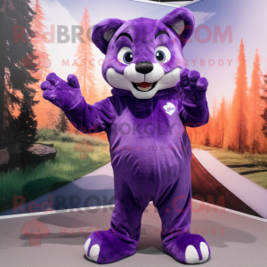 Purple Puma mascot costume character dressed with a Trousers and Shawl pins