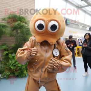 Tan Octopus mascot costume character dressed with a Leather Jacket and Digital watches