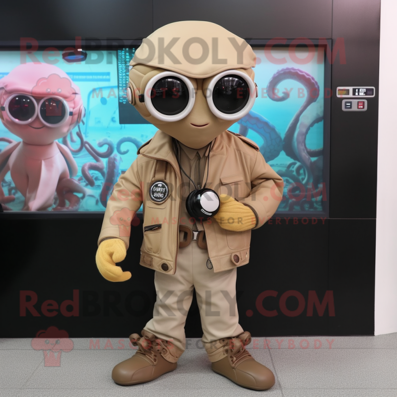 Tan Octopus mascot costume character dressed with a Leather Jacket and Digital watches