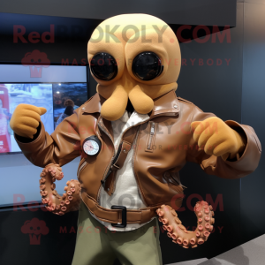 Tan Octopus mascot costume character dressed with a Leather Jacket and Digital watches