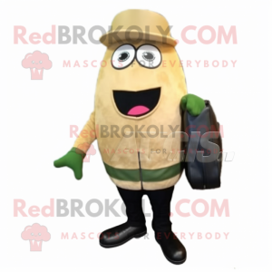 Beige Cucumber mascot costume character dressed with a Leather Jacket and Messenger bags