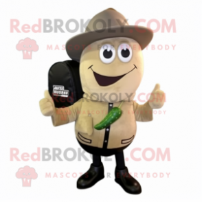 Beige Cucumber mascot costume character dressed with a Leather Jacket and Messenger bags