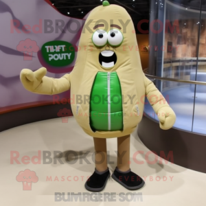 Beige Cucumber mascot costume character dressed with a Leather Jacket and Messenger bags