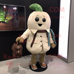 Beige Cucumber mascot costume character dressed with a Leather Jacket and Messenger bags