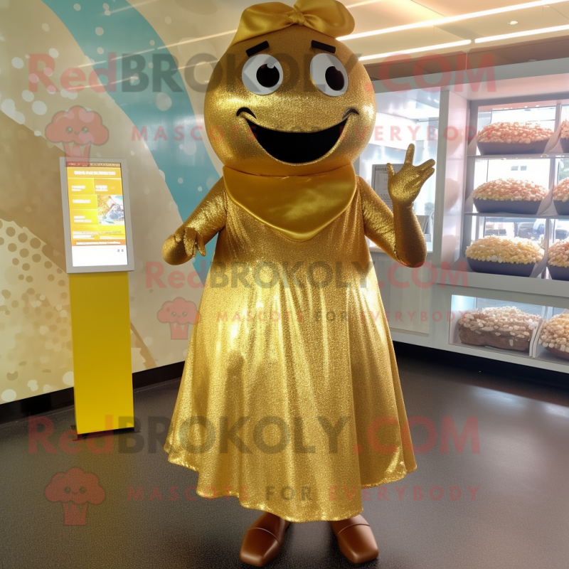 Gold Chocolates mascot costume character dressed with a Maxi Dress and Headbands Gold Chocolates mascot costume character dressed with a Maxi Dress and Headbands