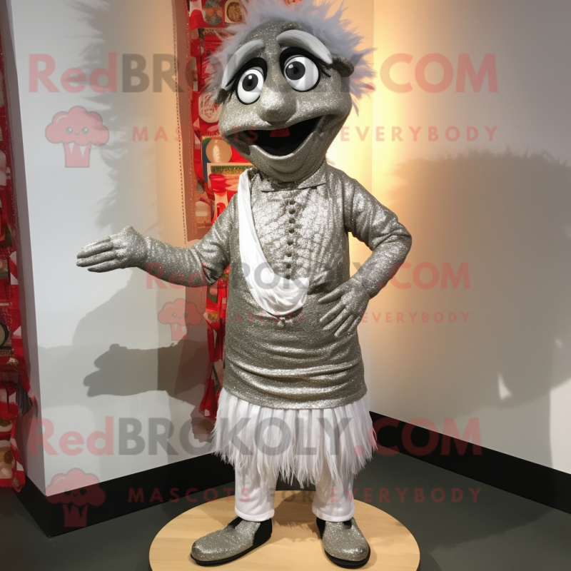Silver Biryani mascot costume character dressed with a Corduroy Pants and Earrings Silver Biryani mascot costume character dressed with a Corduroy Pants and Earrings