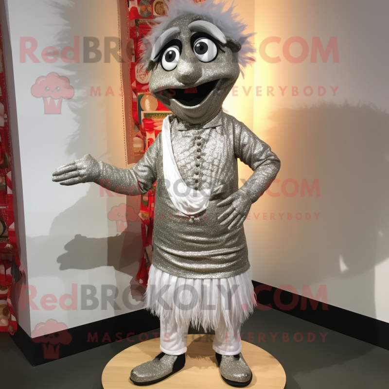 Silver Biryani mascot costume character dressed with a Corduroy Pants and Earrings