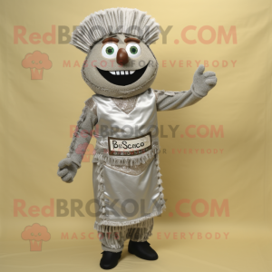 Silver Biryani mascot costume character dressed with a Corduroy Pants and Earrings