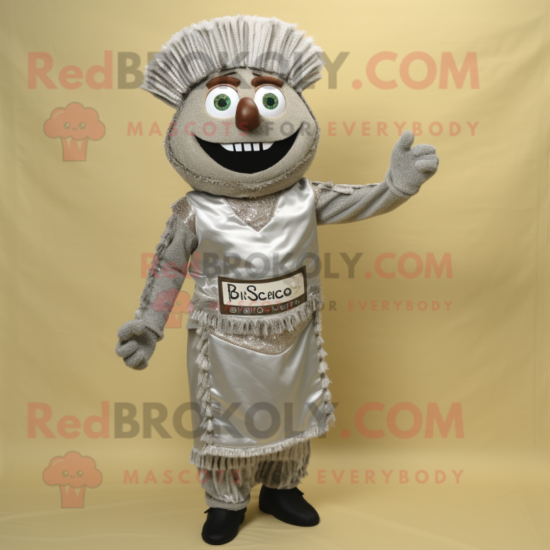 Silver Biryani mascot costume character dressed with a Corduroy Pants and Earrings Silver Biryani mascot costume character dressed with a Corduroy Pants and Earrings