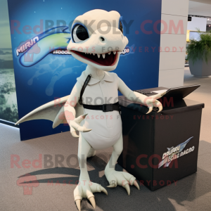 White Dimorphodon mascot costume character dressed with a Pencil Skirt and Gloves