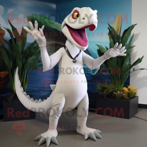 White Dimorphodon mascot costume character dressed with a Pencil Skirt and Gloves