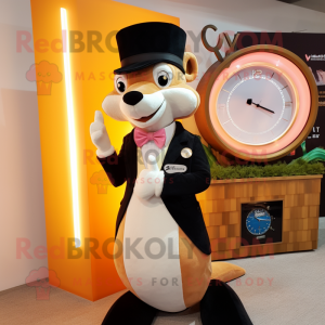 Peach Weasel mascot costume character dressed with a Tuxedo and Digital watches