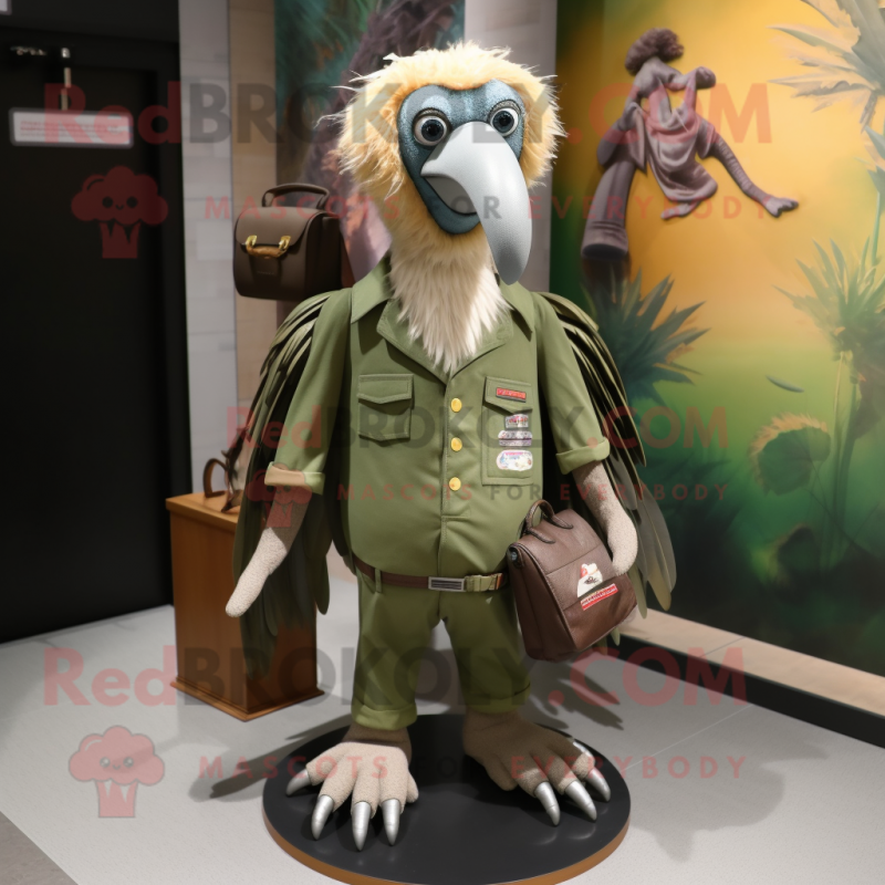 Olive Vulture mascot costume character dressed with a Jeans and Keychains Olive Vulture mascot costume character dressed with a Jeans and Keychains