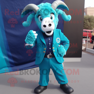 Turquoise Ram mascot costume character dressed with a Suit Pants and Tie pins