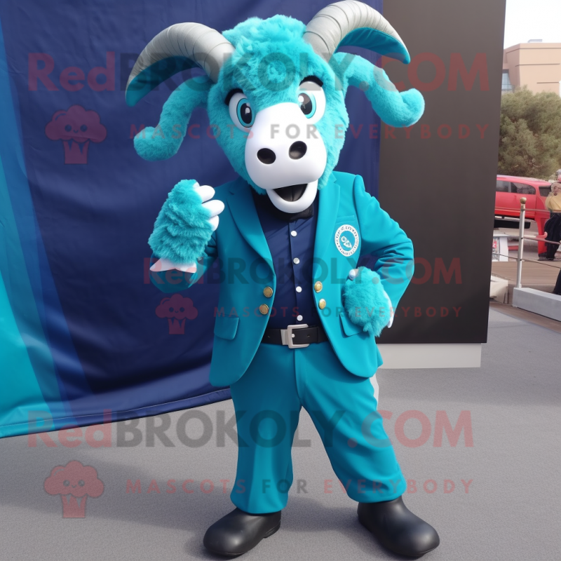 Turquoise Ram mascot costume character dressed with a Suit Pants and Tie pins
