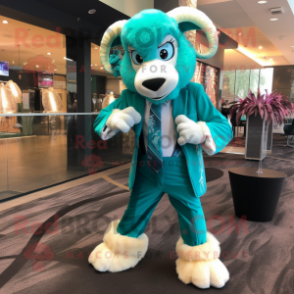 Turquoise Ram mascot costume character dressed with a Suit Pants and Tie pins