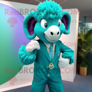 Turquoise Ram mascot costume character dressed with a Suit Pants and Tie pins