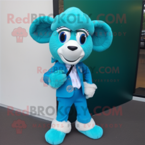 Turquoise Ram mascot costume character dressed with a Suit Pants and Tie pins